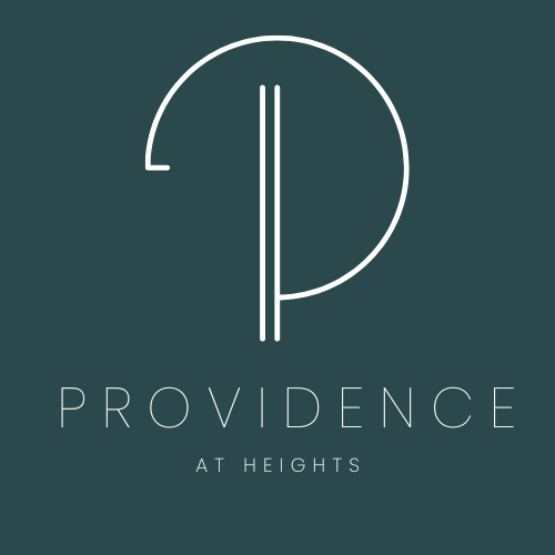 A logo with the text "Providence at Heights" in front of a dark background.